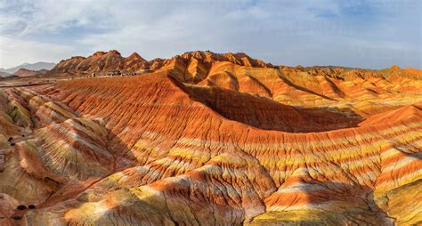 Aerial view of Colourful mountains of the Zhangye Danxia Geopark, China ...