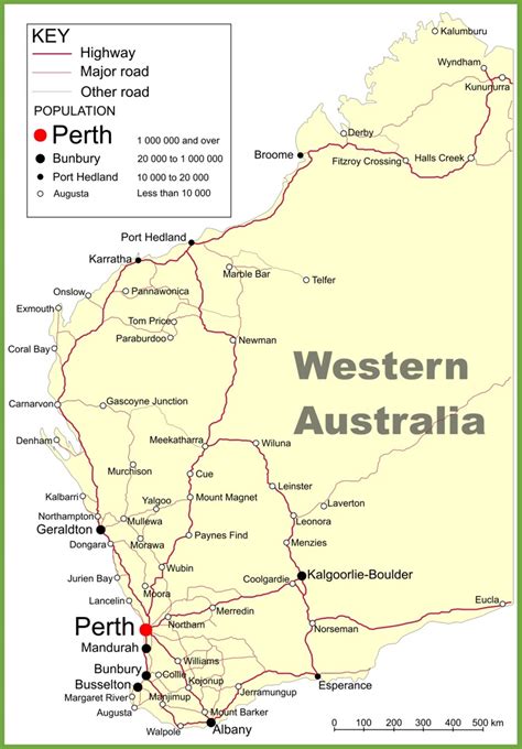 Road map of Western Australia with cities and towns - Ontheworldmap.com