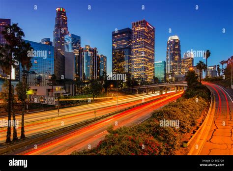 Downtown skyline at sunrise, Los Angeles, California, USA Stock Photo ...