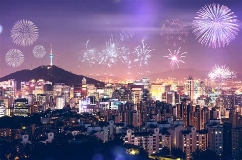 New Year Celebrations And Seoul Cityscape Seen From Above South Korea ...