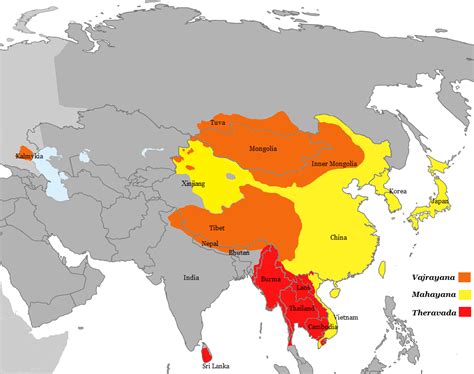 Areas where Buddhism is a major religion and the predominant traditions ...