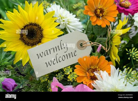 Colorful bouquet of summer flowers with card and english text: warmly ...