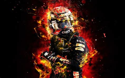 a person in a racing suit and helmet with flames around them on a black ...