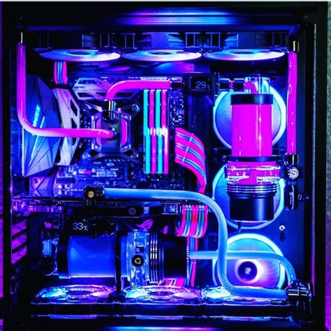 the inside of a computer case with colorful lights