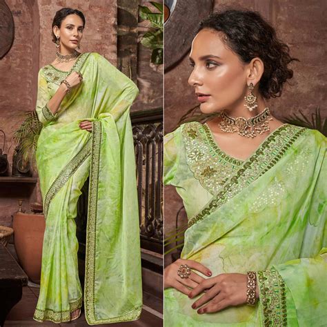 Green Abstract Printed With Embroidered Organza Saree