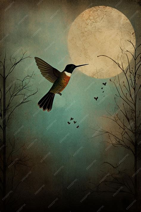 Premium AI Image | A painting of a bird flying in front of a full moon.