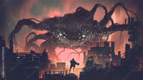 sci-fi scene showing the giant monster invading night city, digital art style, illustration ...