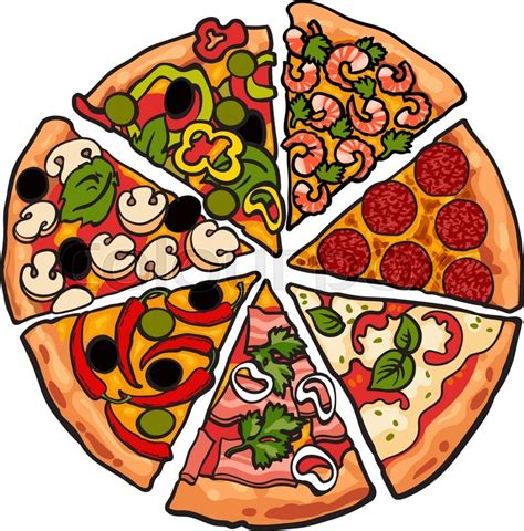 Set of various pizza pieces, sketch style vector illustration isolated on white background ...