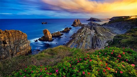 The Bay of Biscay, Costa Quebrada, Spain, coast, landscape, trees, colors, clouds, HD wallpaper ...