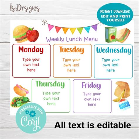 Weekly Menu Planner Editable Lunch Menu Template Instant - Etsy