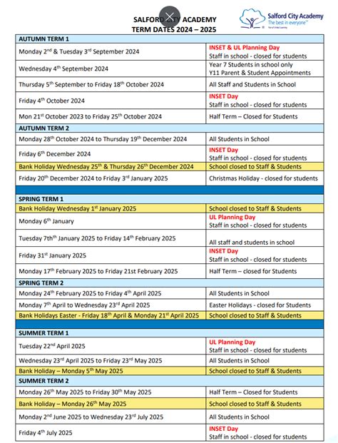 Salford City Academy > Information > Term Dates