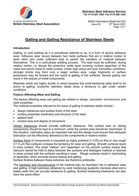 Galling and Galling Resistance of Stainless Steels - DocsLib