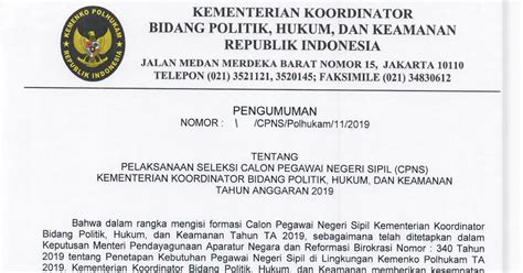 Lowongan CPNS Kemenko Polhukam Tahun Anggaran 2019 [60 formasi ...