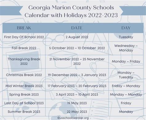 Georgia Marion County Schools Calendar with Holidays 2022-2023