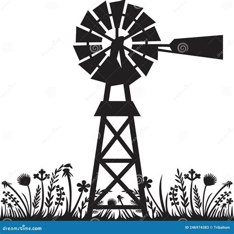 Water Pumping Windmill and Plants Landscape Stock Vector - Illustration ...