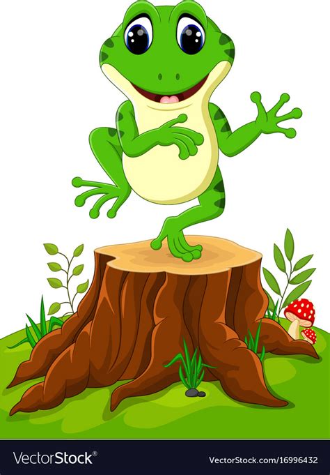 Cartoon funny frog sitting on tree stump Vector Image