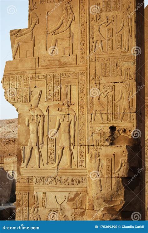 Ancient Egyptian Hieroglyphs in the Temple of Kom Ombo, Egypt Stock Photo - Image of carving ...