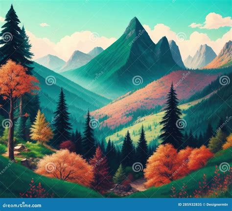 Autumn Mountain Landscape Wallpaper Design Stock Illustration - Illustration of trees, morning ...