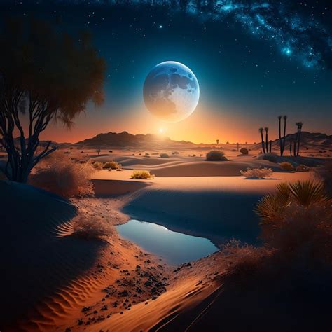 Premium AI Image | A picture of a desert with a moon and stars on the sky