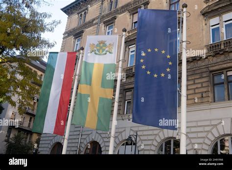 Hungarian national flag, Budapest district flag and European Union flag ...