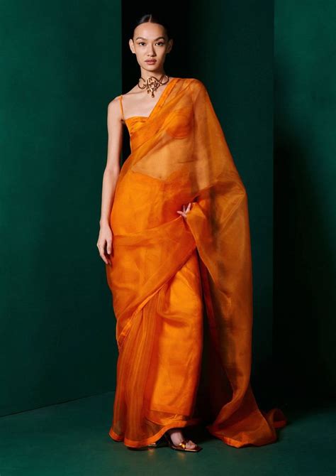 Tangerine orange organza sari and unstitched blouse | Indian dresses ...