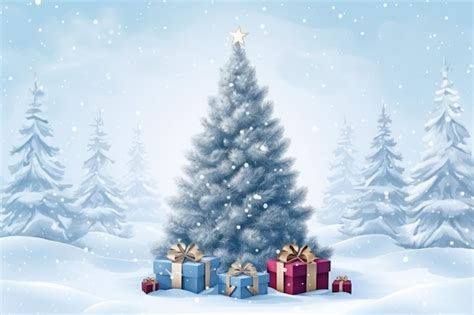 Premium AI Image | Stunning Christmas tree with gift boxes in snowy winter scene