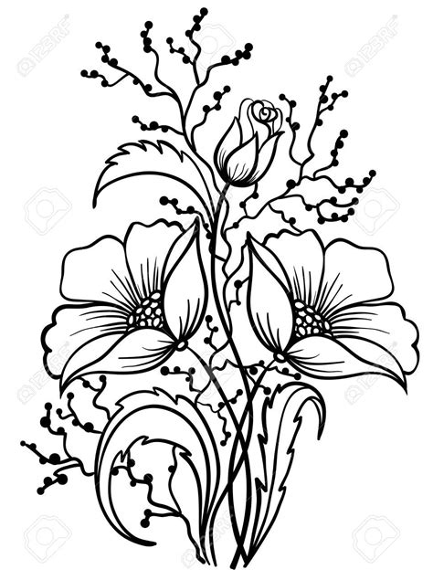 an ink drawing of flowers with leaves and buds on the stem, vintage ...