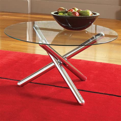 Riviera Round Coffee Table Set - Glass, Chrome Cylindrical Legs | DCG Stores