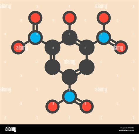 Picric acid (2,4,6-trinitrophenol) explosive molecule. Stylized skeletal formula (chemical ...