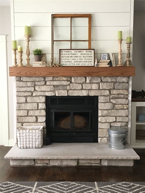 Natural lannon stone fireplace, shiplap Farmhouse Fireplace Mantel ...