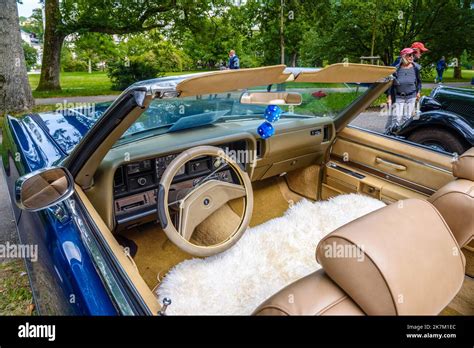 BADEN BADEN, GERMANY - JULY 2019: beige leather interior of blue BUICK WILDCAT 2nd generation ...