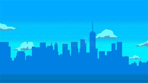 Pixel Art Game Background with City Silhouette and Clouds. Vector Illustration. Stock Vector ...