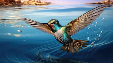 Premium AI Image | Spectacular Colibri bird flying off from the water