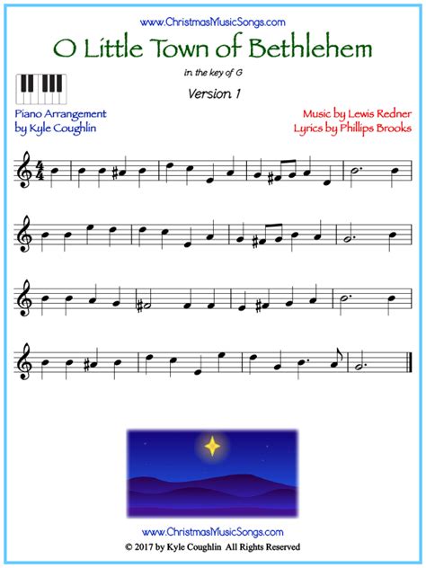 O Little Town of Bethlehem piano sheet music - free printable PDF