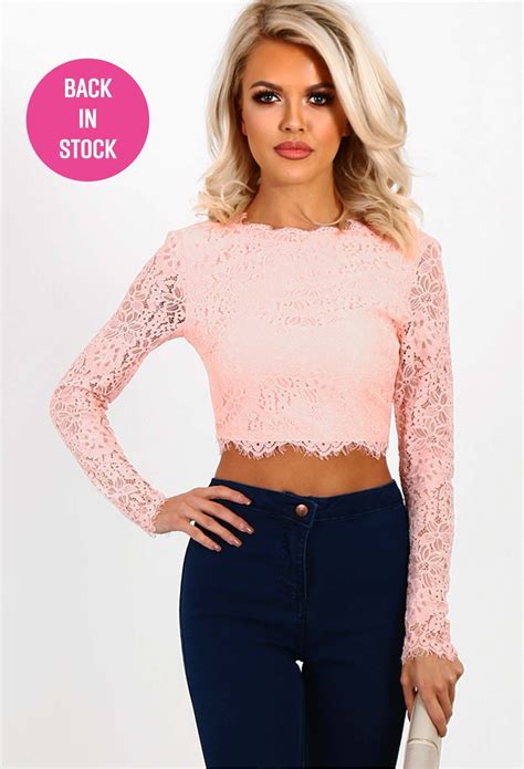 Sahar Pink Lace Long Sleeve Crop Top | Long sleeve crop top, Crop tops, Lace crop tops