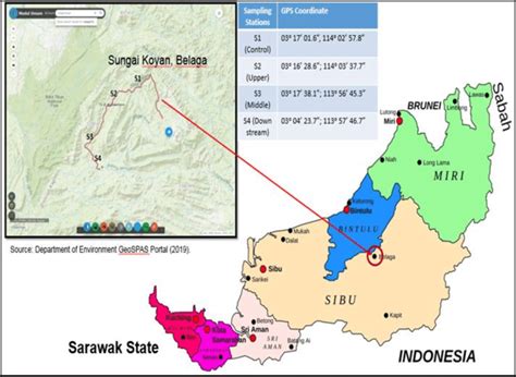 Map showing location of Sungai Koyan at Belaga District and coordinate ...