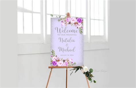 Lavender Welcome Wedding Sign, Welcome to Our Wedding Sign, Purple and Silver Welcome Wedding ...