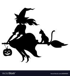 Silhouette of witch with cat on broom with moon and stars, vector illustration isolated on white ...