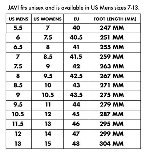 Size Chart – Javi USA