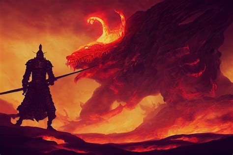 Premium Photo | Knight with a sword facing the lava demon in hell ...