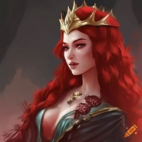 Concept art of a fierce queen with scarlet hair on Craiyon