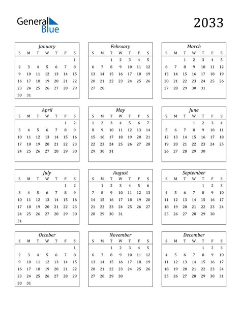 2033 Calendar (PDF, Word, Excel)