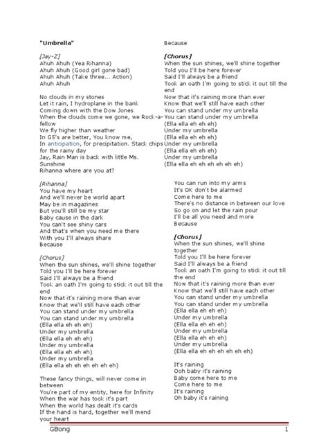 Umbrella Song Lyrics N Worksheet | PDF | Rain | Leisure