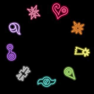 The 9 original Digidestined crests: love, courage, hope, sincerity, friendship, reliability ...