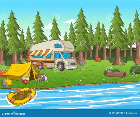 Cartoon Camping Tent by the River. Stock Vector - Illustration of outdoor, hike: 161463700