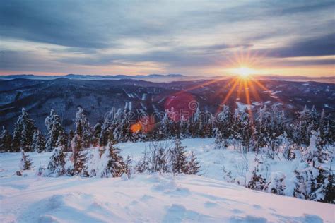 Sunrise in snowy mountains stock photo. Image of high - 112634874