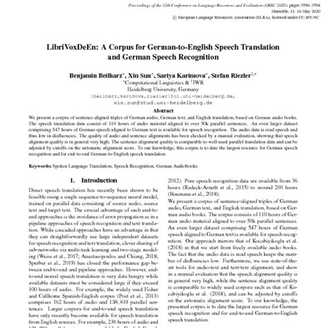 LibriVoxDeEn: A Corpus for German-to-English Speech Translation and German Speech Recognition ...