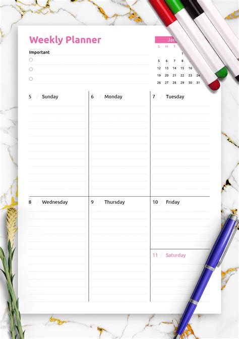 Download Printable Colored one-page weekly planner PDF