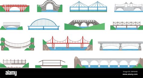 Flat bridges design. Urban bridge, city or village passages with simple ...