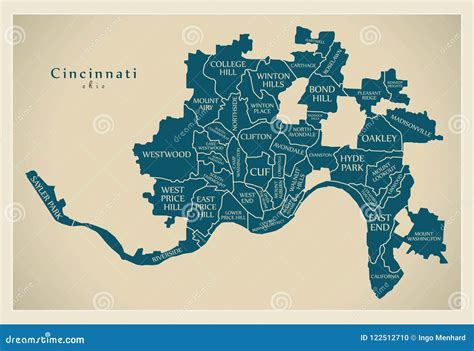 Modern City Map - Cincinnati Ohio City of the USA with Neighborhoods ...